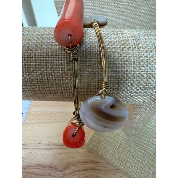 BaubleBar Set Of 2 Stone Bangle Bracelets With Wire Wrap Design - Coral & Brown - Picture 7 of 7